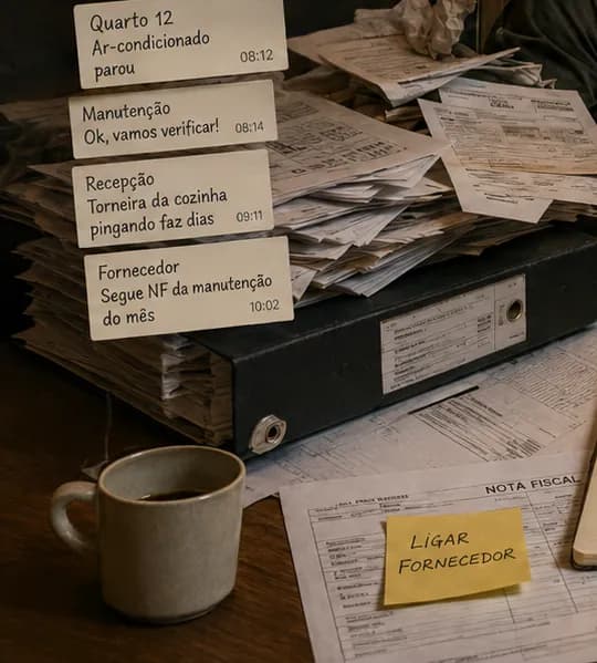 Mesa coberta de notas fiscais, papéis, recados adesivos e mensagens de WhatsApp sobre problemas de manutenção.