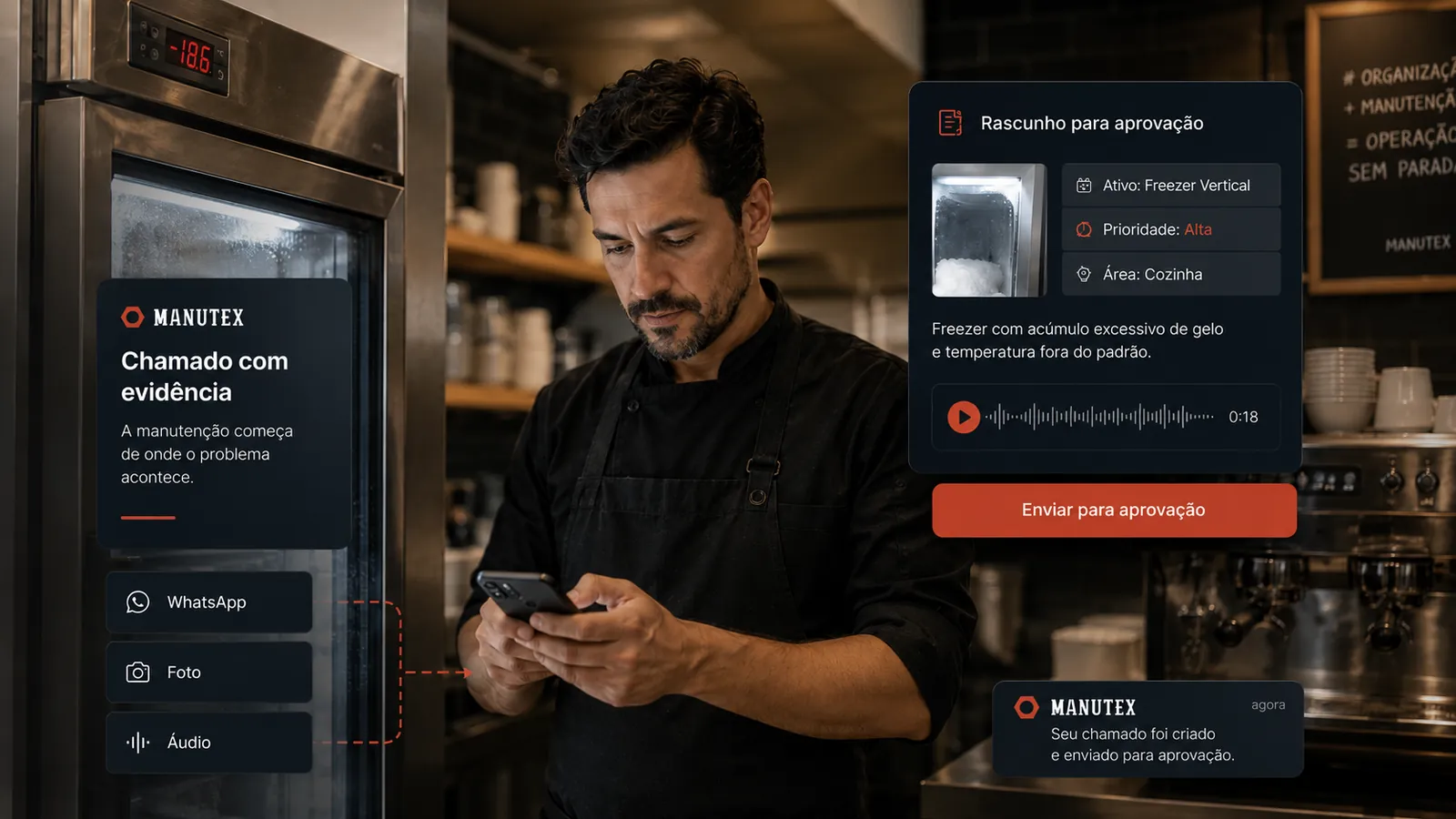 Cozinheiro abre um chamado pelo celular diante de um freezer com acúmulo de gelo, anexando foto e áudio ao registro.