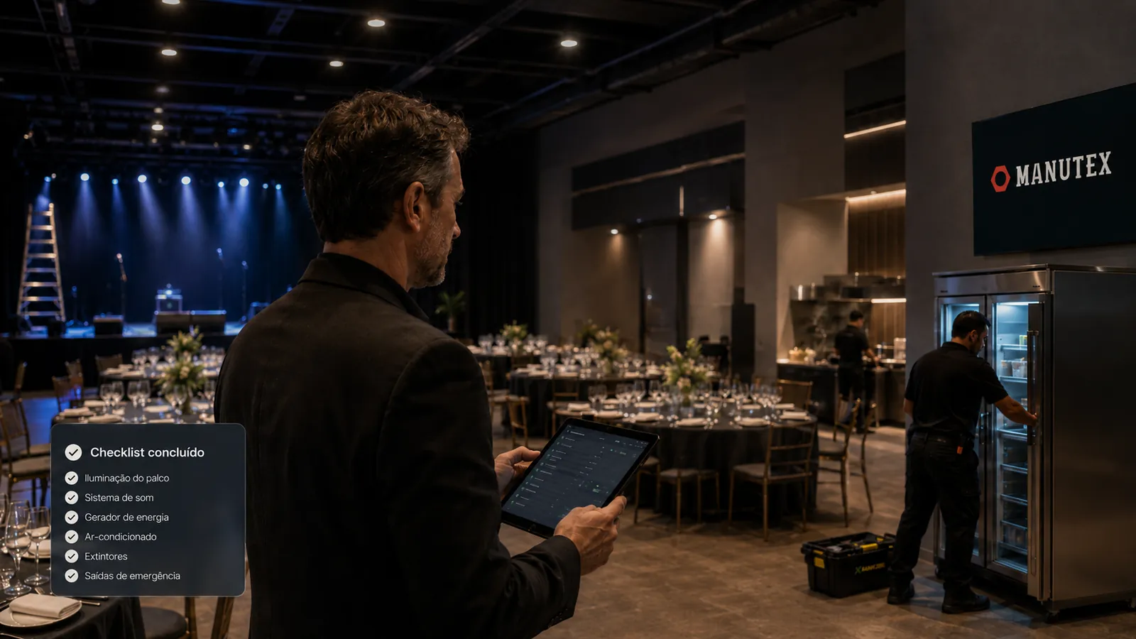 Supervisor confere no tablet o checklist de uma casa de eventos enquanto um técnico atende a câmara fria da cozinha.