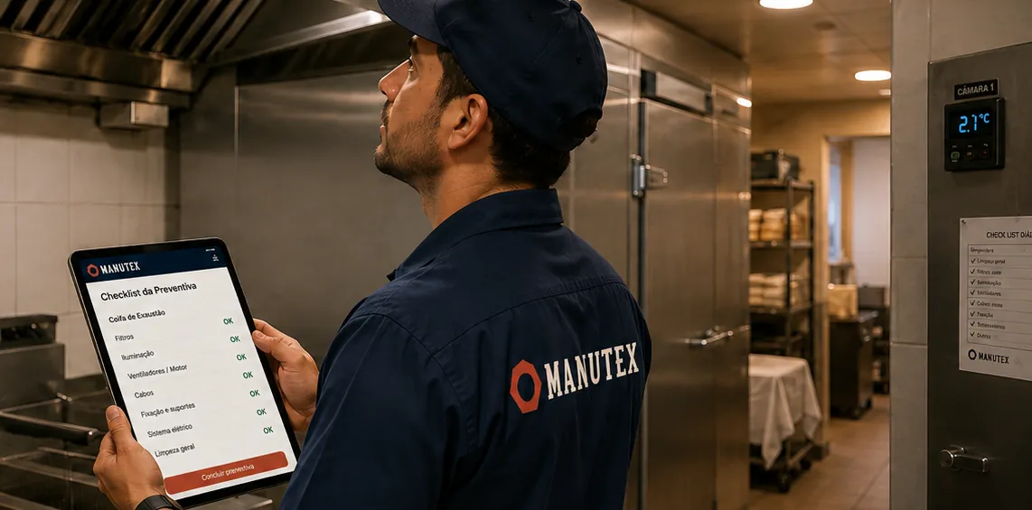 Profissional de manutenção percorre o checklist de preventiva da coifa em um tablet, dentro da cozinha industrial.