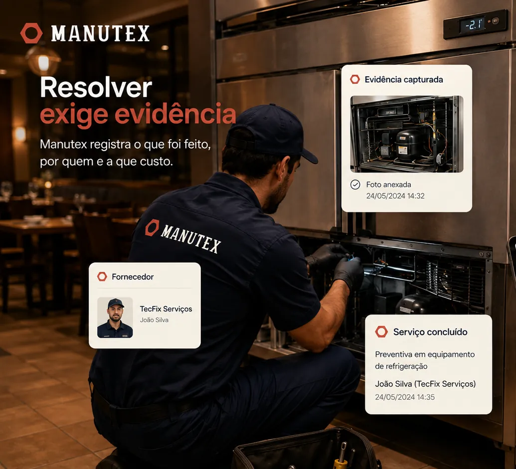 Técnico executa manutenção em equipamento de refrigeração; ao lado, o registro mostra a foto anexada, o fornecedor responsável e o serviço concluído com data e hora.